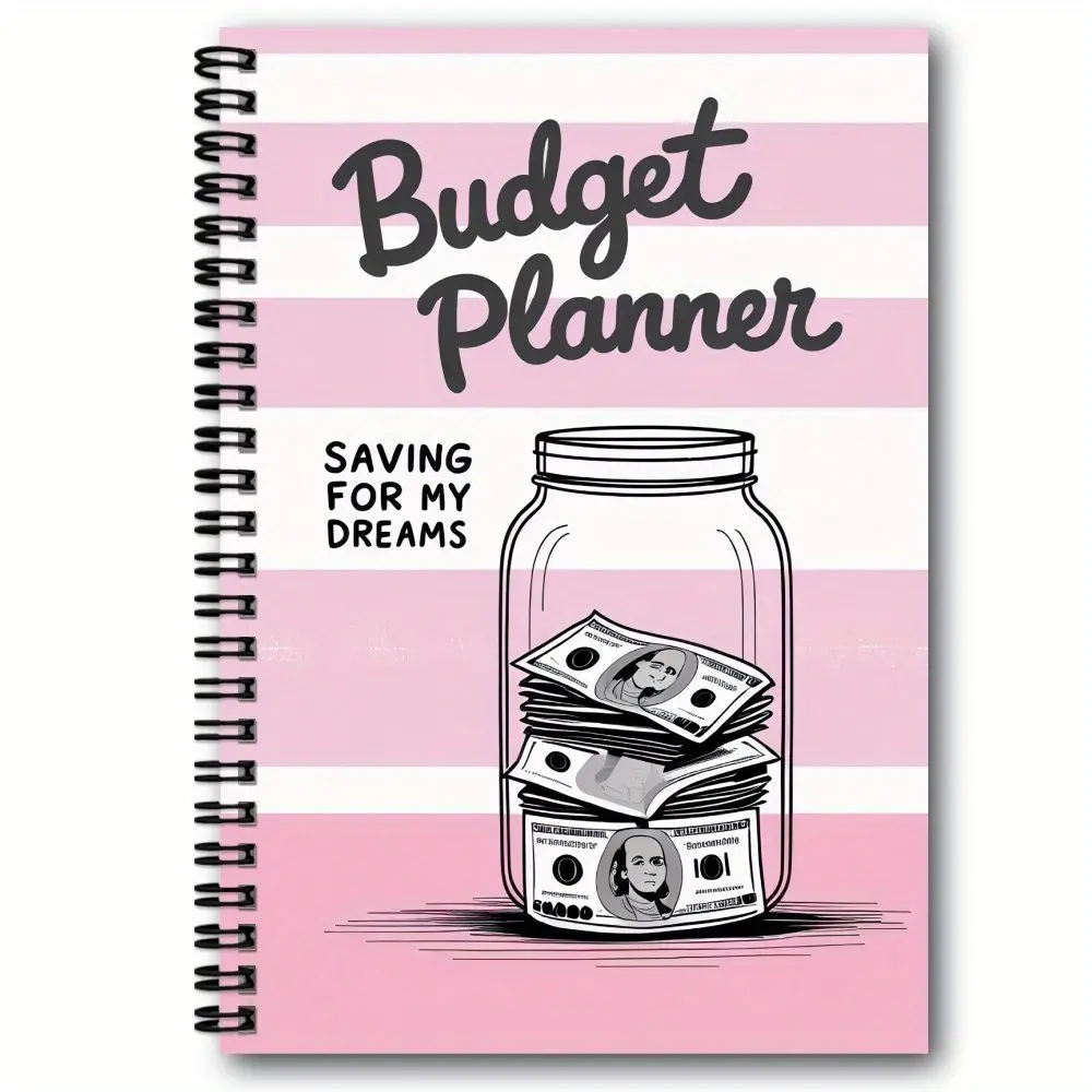 1Pc Budget Planner, Savings Challenge Planner, Spiral bound planner, Monthly and Daily Financial Tracker with Cash Envelope, Income Tracking, Savings Tracker Organizer, Pink Striped Design, 80 Pages Finance, Savings and Expense Management, Budget Book
