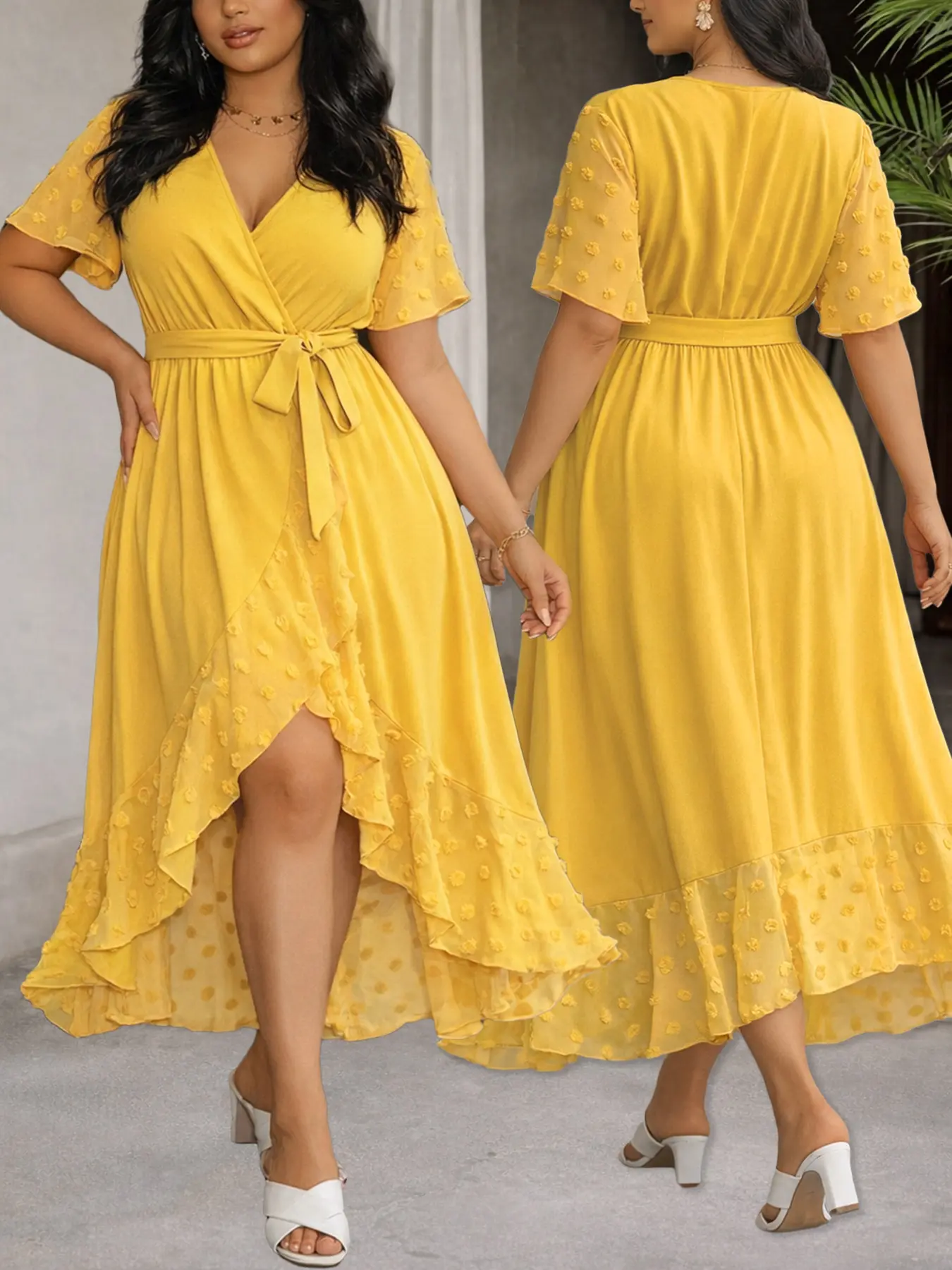 Plus Size Surplice V Neck Dress with Tie Waist -Ruffle Short Sleeve Summer Beach Party Dress Casual, Vneck, Style Chic