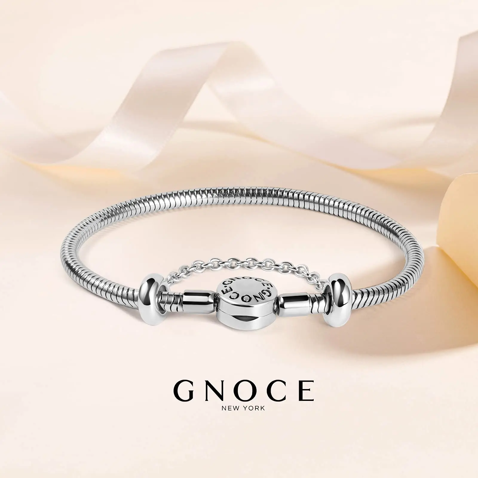 GNOCE Charm Bracelet With Safety Chain Stainless Steel Snake Chain Metal Basic Charm Bracelet DIY Bangle with Round shaped Clasp Casual Trendy Jewelry, Stainless Steel Bracelets, Bracelet With Charms