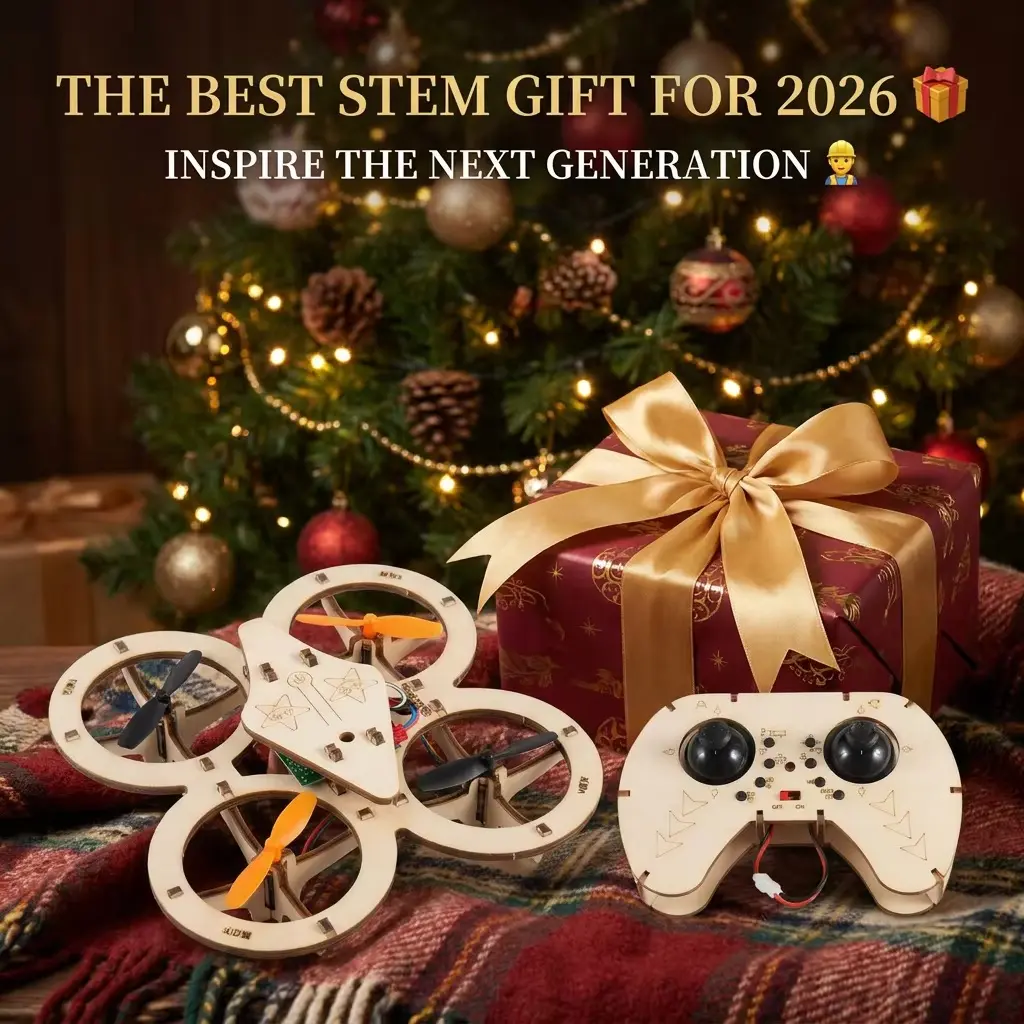 High-Precision Laser-Cut Birch Wood DIY Drone Kit for Kids & Novices - STEM Educational Quadcopter, 2.4 GHz Stable Flight, 360° Stunts, 1-Key Takeoff, Eco-Friendly, Lithium-Ion Batteries, Durable Parent-Child Science Project Birthday Gift, Remote Control,