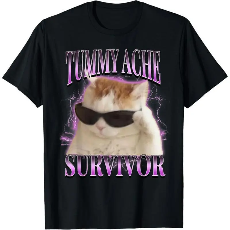 I Survived Today's Tummy Ache Silly Cat Meme T-Shirt Casual Menswear Graphic Streetwear