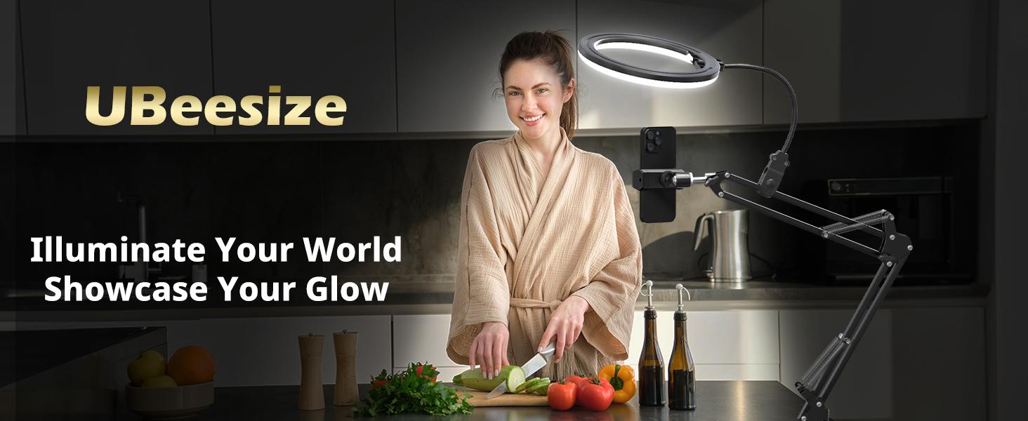 UBeesize 10" Ring Light Kit with Overhead Phone Mount, LED Selfie Light with Stand and Phone Holder, Desk Light for iPhone, Desk Tripod for Video Recording, YouTube, TikTok, Live Stream, Cooking, Vlog, Makeup, Nail Art & Drawing for Artists UBeesize 10" Ring Light Kit with Overhead Phone Mount, LED Selfie Light with Stand and Phone Holder, Desk Light for iPhone, Desk Tripod for Video Recording, YouTube, TikTok, Live Stream, Cooking, Vlog, Makeup, Nail Art & Drawing for Artists