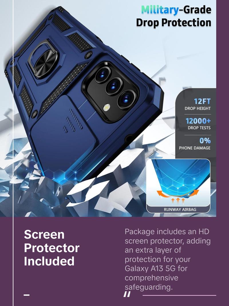 For Samsung Galaxy A13 5G Case, Galaxy A13 5G Phone Case,Slide Camera Cover HD Screen Protector Military Grade Magnetic Ring Holder Shockproof Kickstand Protective Case, Navy Blue Vinve