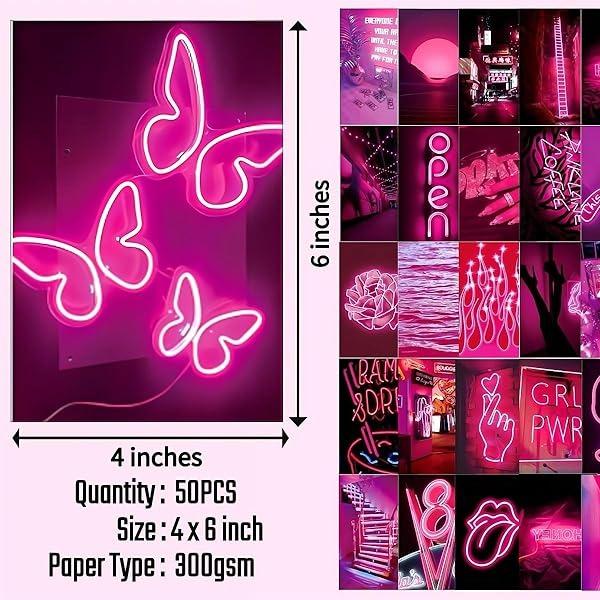 50-Piece Wall Collage Kit:Aesthetic Pink Neon Posters for Room, VSCO Style Photo Wall Art & Artistic Prints. VSCO Girl Bedroom Decor Gift Set Landscape