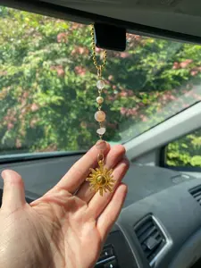 Beaded Crystal Car Charm. Car Accessory with Ceramic, Agate and Pearl. Unique Gifts for Women and Teens Rearview Mirror Decoration