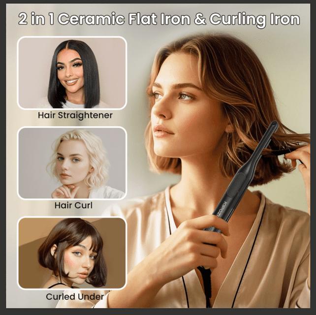 PRO Hair Duo 0.3" Titanium Mini 2-in-1 Flat Iron & hair styling tools curling irons Travel-Small Pixie Cuts & Frizz Cordless Straightener Straightening Comb Heatless Curler straightener
