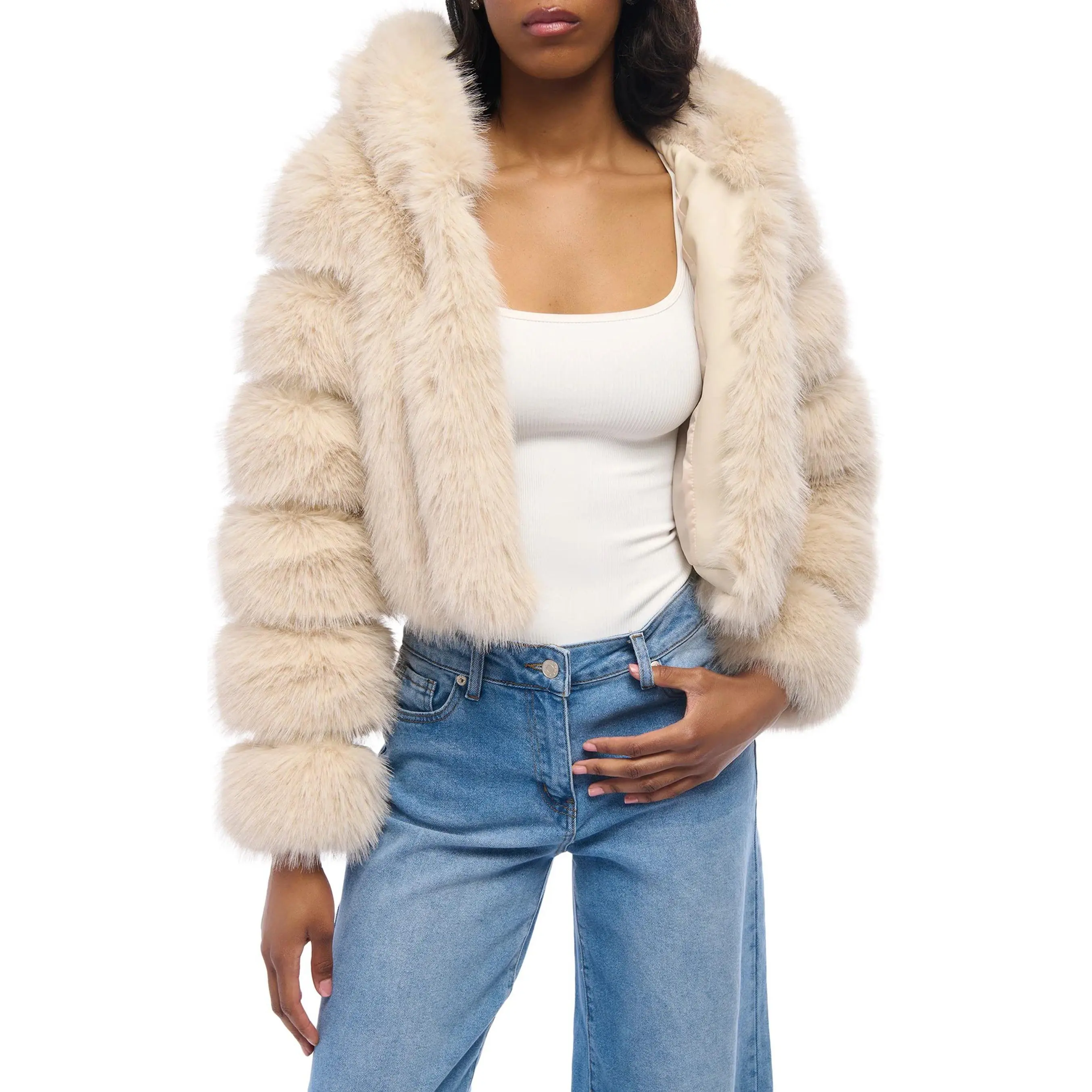 JOLENE-TAN CROPPED HOODED FAUX FUR JACKET JOLENE-TAN CROPPED HOODED FAUX FUR JACKET