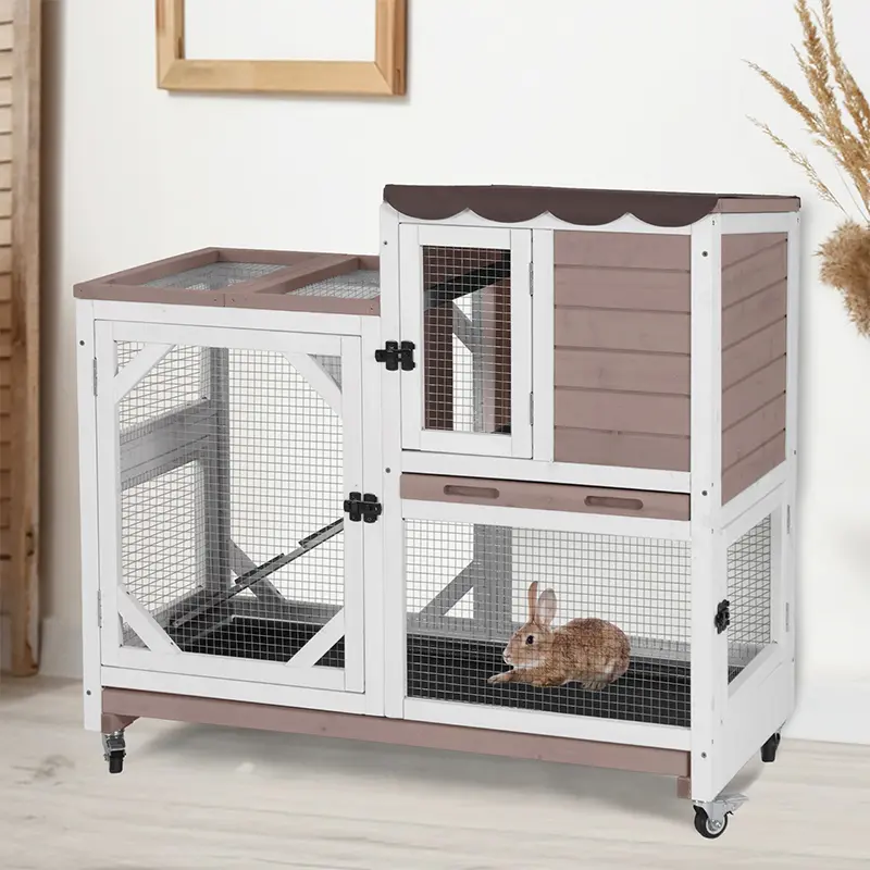 Aivituvin-AIR7013 Premium 2-Story Wooden Rabbit Hutch with Casters, Locking Wheels, Mesh, Waterproof Tarp, Detachable Anti-Chew Ramp - Indoor-Outdoor Small Animal Enclosure Pet Supply, Four Smooth-Rolling Casters