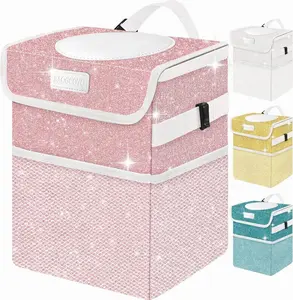 Cute Mini Car Trash Bag with Lid, Glitter Garbage Can Bin Hanging for Back/Front Seat/Console, Waterproof, Leakproof, 2.5 Gallon, Pink Bling Sparkly