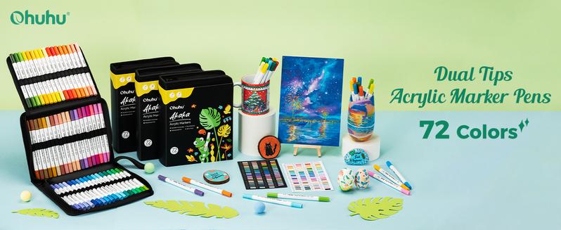 Ohuhu Acrylic Paint Markers: Brush & Fine Dual Tips - 72 Colors - High Opacity - Waterproof & Lightfast - Multi-Surface for Rock Painting, 3D Prints, Egg Decorating, Wood, Glass, Ceramic - Gift for DIY Craft Enthusiasts - Akaka Series of Ohuhuart