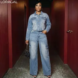 Loragal Turndown Collar Denim Pocket Slim Fit Casual Sets