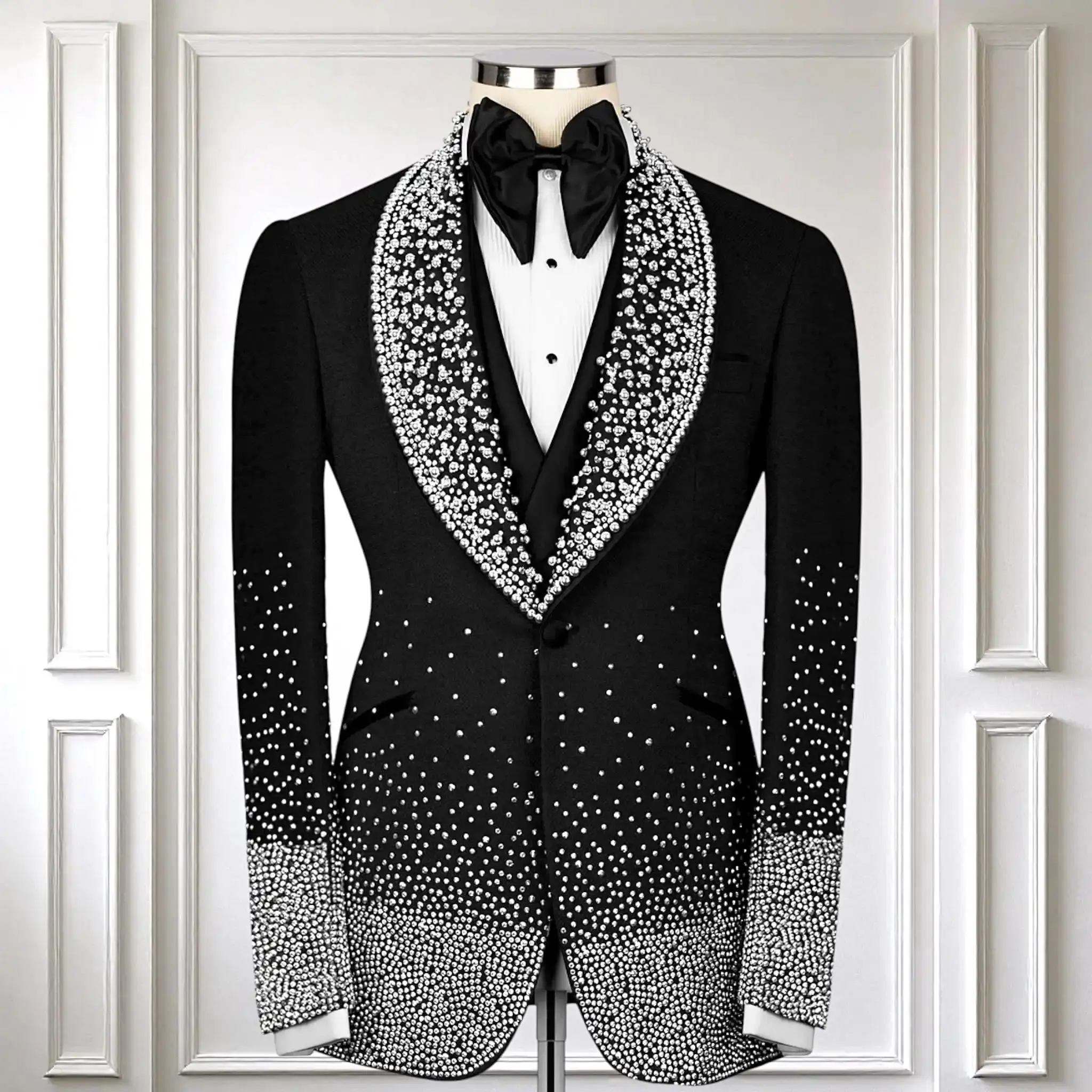 Suit For Man Crystal Embellished Black Tuxedo, Handmade Wool Blend Stage Costume, Prom Men's Suit, Wedding Groom Tuxedo Set 2pcs