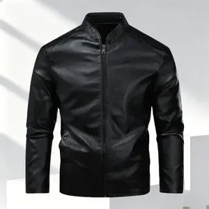 Men's leather stand collar zipper jacket, vintage motorcycle style, featuring a glossy leather texture, sleek stand collar design, and retro details such as zippers and side studs. The slim fit enhances the body shape, suitable for vintage motorcycle enth