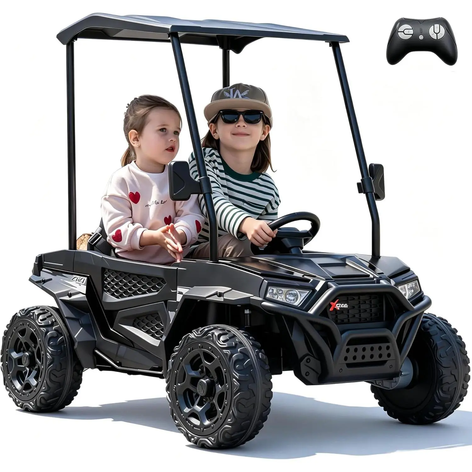 sopbost 24V 2-Seater Kids UTV with EVA Tires & Sunshade Roof, Remote Control, 4x200W Motors, LED Lights, Bluetooth Music, 3–5 MPH, 135 lbs Capacity, 4 Springs Suspension