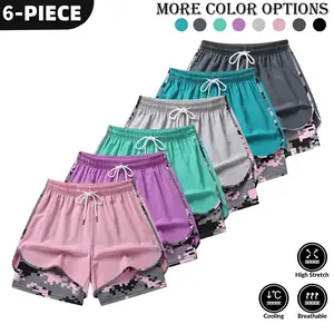 Women’s summer casual athletic shorts, 6-pack set featuring a two-piece layered design with camouflage print, suitable for running and everyday workouts