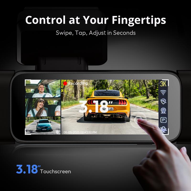 Botslab 3K 4 Channel Dash Cam with 3.18” Touch Screen, 24/7 Parking Mode, Built-in GPS, 5.8G WiFi, Night Vision, Voice Control, 128GB Card, Rear Camera Monitor