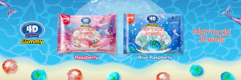 Amos 4D Gummy Mermaid Jewels - Blue Raspberry Flavor, Jelly-Filled Chewy Fruit Snacks, Gluten-Free, Resealable Bags, Healthy Exotic Sweet Treats - Bite