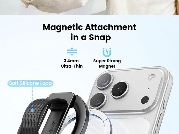 Lamicall Magnetic Phone Grip Holder for MagSafe - [Soft Silicone Loop] Vertical Cell Phone Zinc Alloy Ring Stand Kickstand, Magnet Hand Grip Accessories for iPhone 12-17 Series, Other with Metal Ring