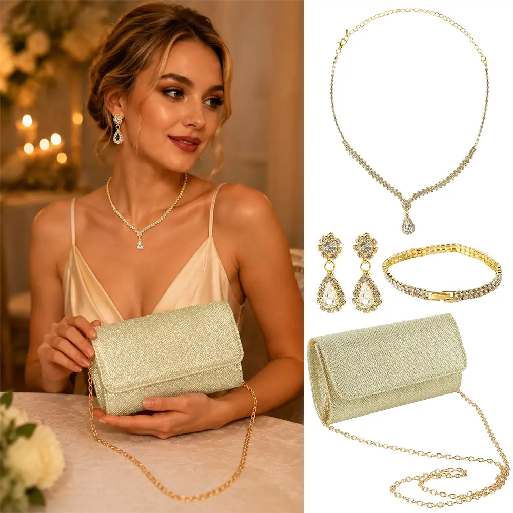Ladies' 4-Piece Fashion Jewelry Set with Glitter Clutch - Elegant Rhinestone Necklace, Earrings & Bracelet - Bride Jewellery Gift Set for Wedding Day, Formal Ceremony, Bride Jewelry Set For Wedding Day