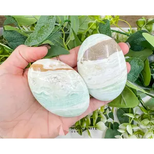 Caribbean Calcite Palm Stone – Polished Blue Calcite & Aragonite Worry Stone for Anxiety Relief & Third Eye Activation