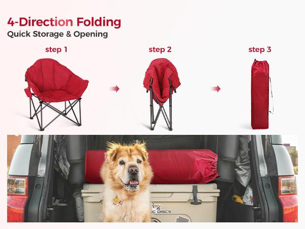 PHI VILLA Heavy-Duty Oversize Camping Chair Round Moon Saucer Chair Padded Folding Chair with Cup Holder and Carry Bag, Red