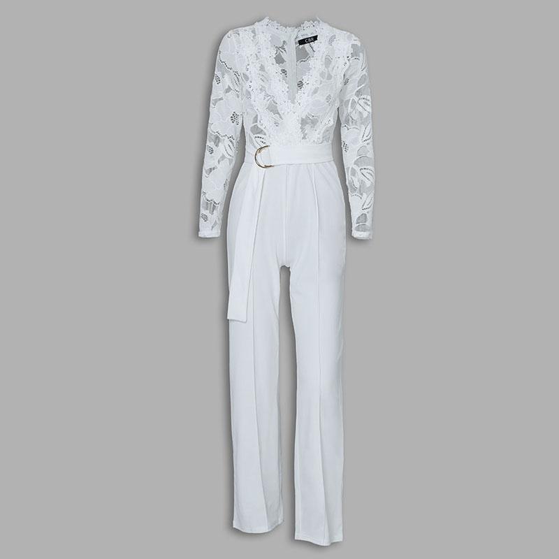 ChicMe Crochet Lace Trim Deep V-Neck Valentine's Day Floral Lace Spliced Overalls Casual Zipper Back Seam Front Jumpsuit with Belt for Wedding & Wedding Guest ChicMe Crochet Lace Trim Deep V-Neck Valentine's Day Floral Lace Spliced Overalls Casual Zipper Back Seam Front Jumpsuit with Belt for Wedding & Wedding Guest