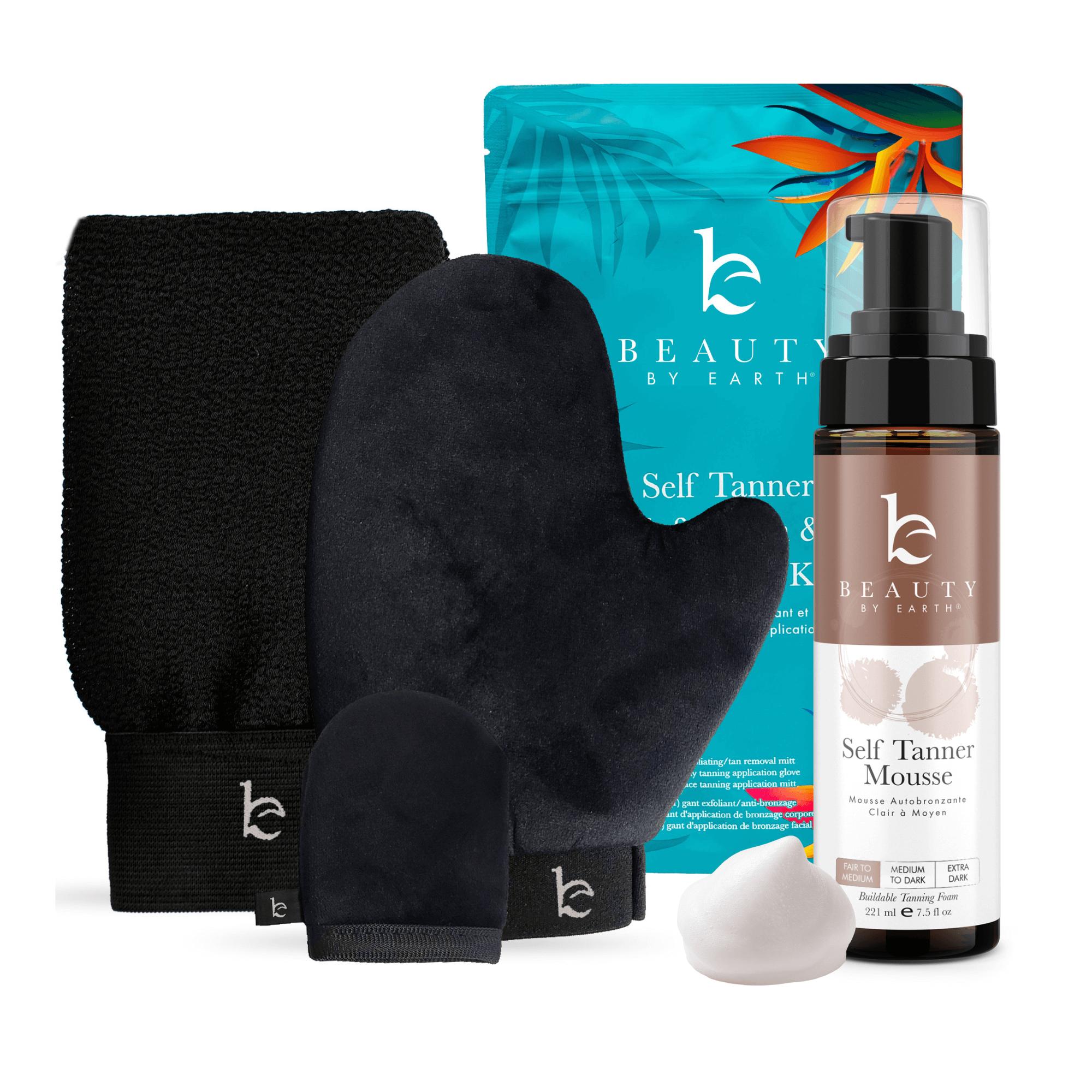 Beauty by Earth Self Tanner Mousse Kit - Flawless Smooth Sunless Tanning Safe Made in USA with 3 Piece Applicator Kit for Streak Free Even Application