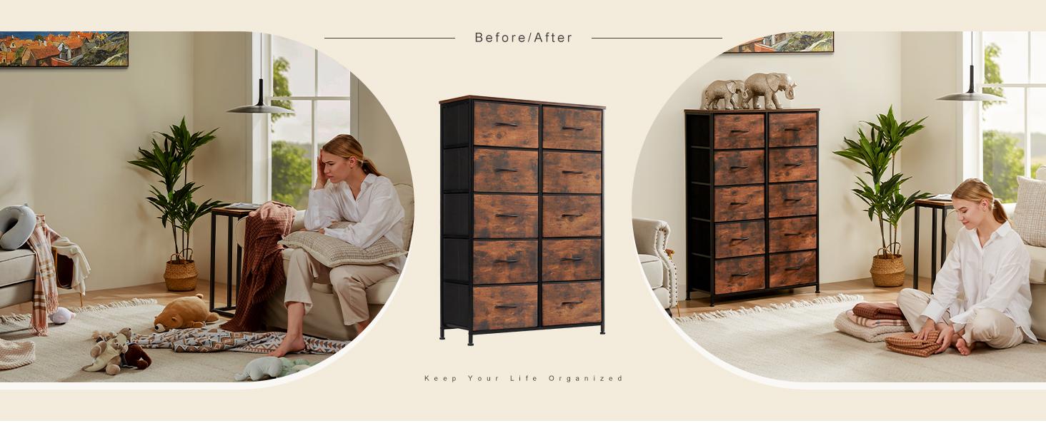 SweetFurniture Dresser,Tall Drawer Organizer Storage Drawers Fabric Storage Tower with 10 Drawers, with Fabric Bin, Wood Top for Bedroom, Closet