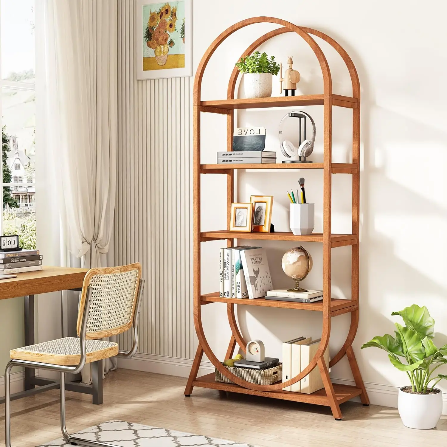 Tribesigns 5-Tier Arched Bookshelf, Modern 70.8" Tall Brown Bookcase, Freestanding Display Rack for Office, Bedroom, Living Room