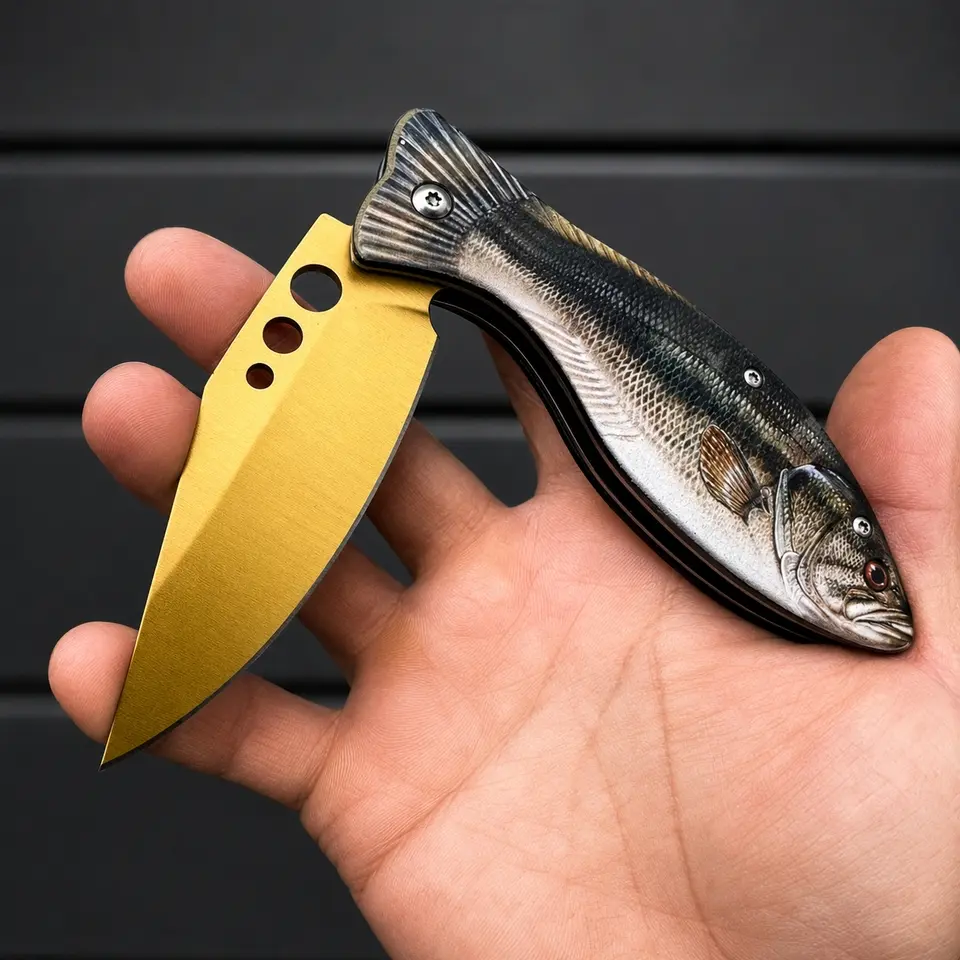 Fishing Tactical Knives - Bass Trout Pufferfish Tactical Flip Knife with Safety Lock and Belt Clip - 3CR Stainless Steel