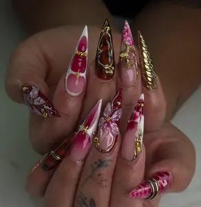 Cherry Gold Bloom Press On Nails | Red & White Stiletto Nail Art | 3D Floral Glam Nails | Luxury Long Press Ons | DB518E