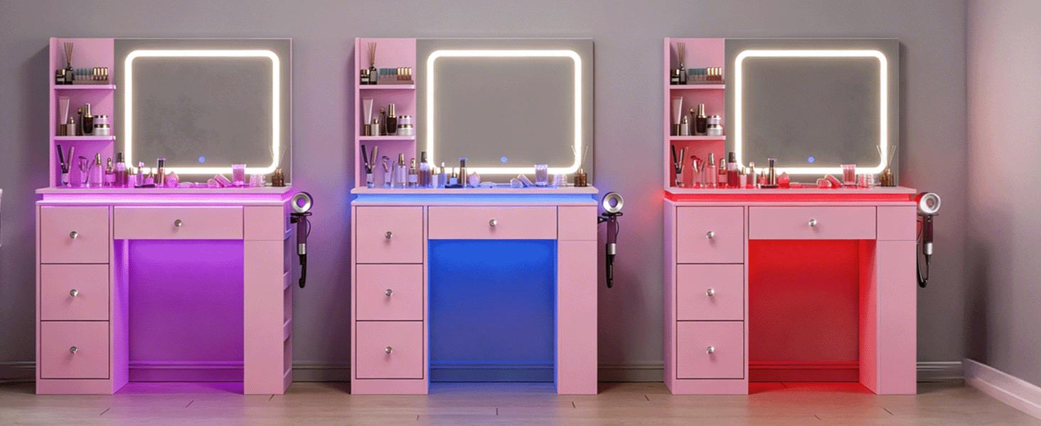 CollaredEagle Vanity Desk with Mirror and Lights Transparent Top 2 RGB Drawers Adjustable Brightness Power Outlet Large-Capacity Storage White