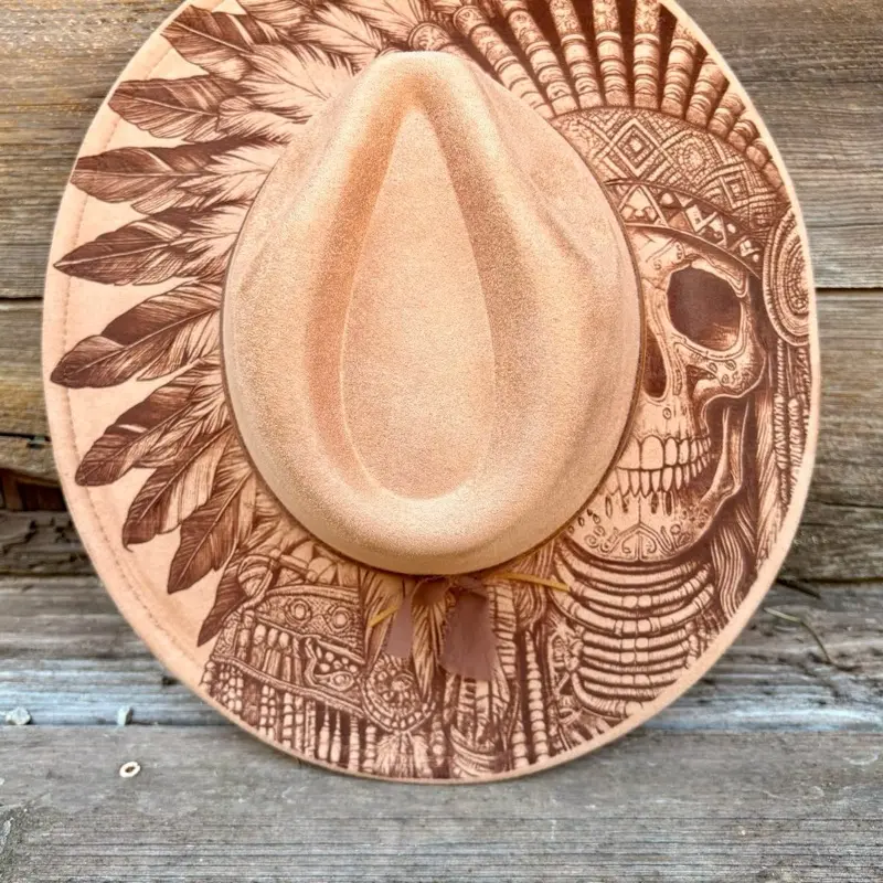 Indigenous Skull with feathers, Native American, Indian.  Burned Hat Cowboy Hat Handcrafted Cap