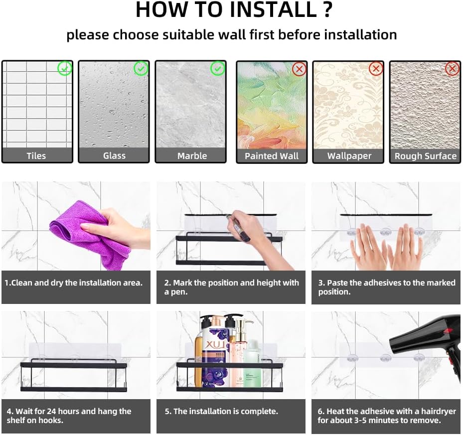 6 Pack Bathroom Adhesive Shower Shelves for Tile Wall Toiletry Kitchen Organizer and Large Capacity Bathtub Essentials Wall Rack Suction