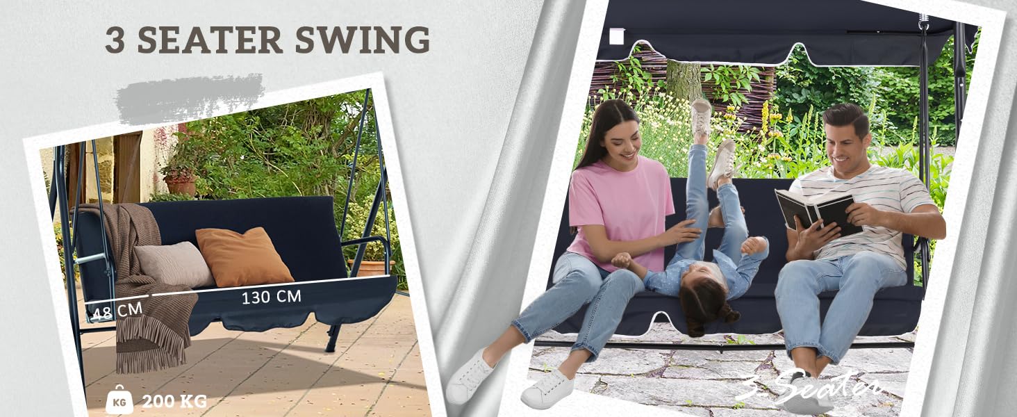 Outsunny 3-Seat Outdoor Patio Swing Chair with Removable Cushion, Steel Frame Stand and Adjustable Tilt Canopy for Patio, Garden, Poolside, Balcony, Backyard