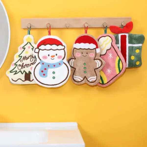 2 Pack Christmas Coral Fleece Hand Towels, Cute Cartoon Snowman Gingerbread Man Hanging Hand Drying Towel, Absorbent Xmas Decor Towel for Bathroom Kitchen