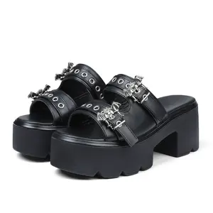 CYNLLIO Womens Goth Punk Platform Sandals Chunky High Heel Open Toe Slides with Metalic Owl Decor Adjustable Double Buckle Strap Slip On Trendy Fashionable Cute Casual Walking Holiday Outing Dress Spring Summer Shoes