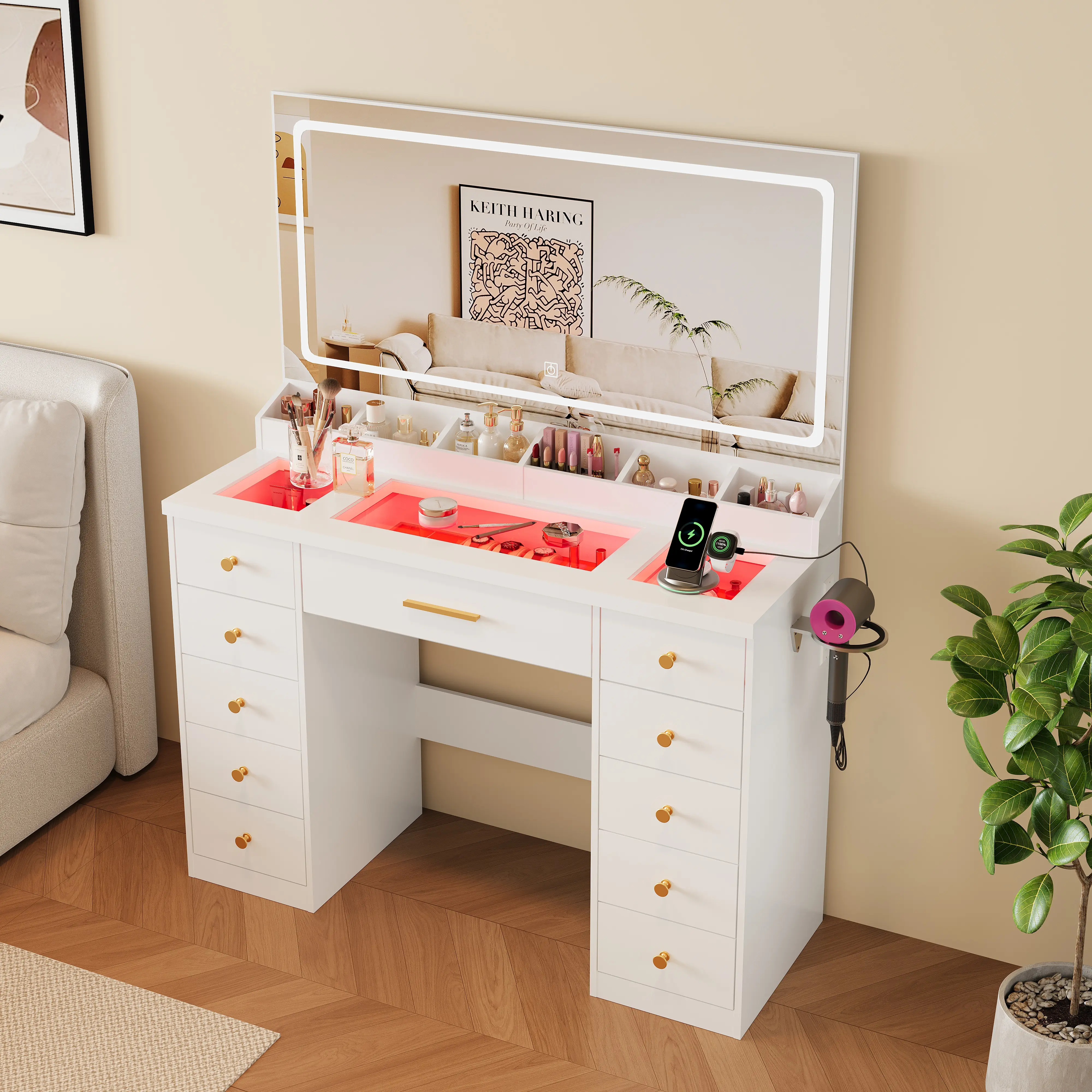 58"W Vanity Set with 11 Drawers, Glass Top with RGB Ambient Lighting, LED Lights, and Large Mirrored Makeup Vanity for Bedroom, Power Outlet, 6 Storage Compartments, 3 Lighting Modes, Bedroom Makeup Table, Valentine's Gift for Girls/Women