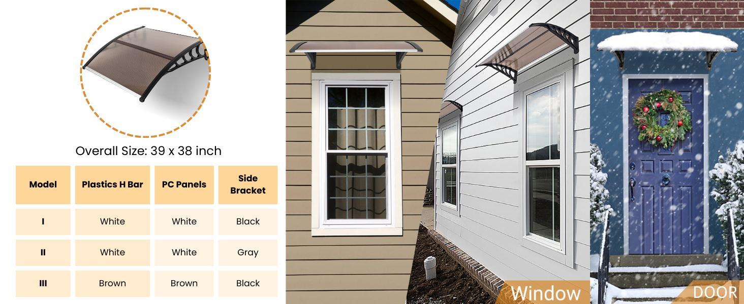 Ubesgoo Window Awning Door Canopy, Polycarbonate Cover Front Door Outdoor Patio Awning Canopy UV Rain Snow Sunlight Protection Hollow Sheet, Brown Board & White Bracket