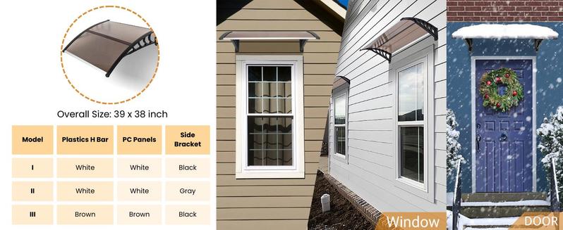Ubesgoo Window Awning Door Canopy, Polycarbonate Cover Front Door Outdoor Patio Awning Canopy UV Rain Snow Sunlight Protection Hollow Sheet, Brown Board & White Bracket