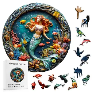 Viral Relief Mermaid Round Wooden Puzzle | 5A High Difficulty L Sizes, Irregular Animal Pieces, Adult Stress Relief, Home Decor & Family Gift