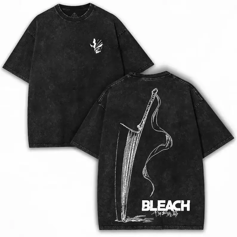 Vintage Washed Black Bleach Thousand Year Blood War Sword Graphic T-Shirt, Front Back Print Anime Short Sleeve Cotton Tee For Men Washable Unisex T-shirt