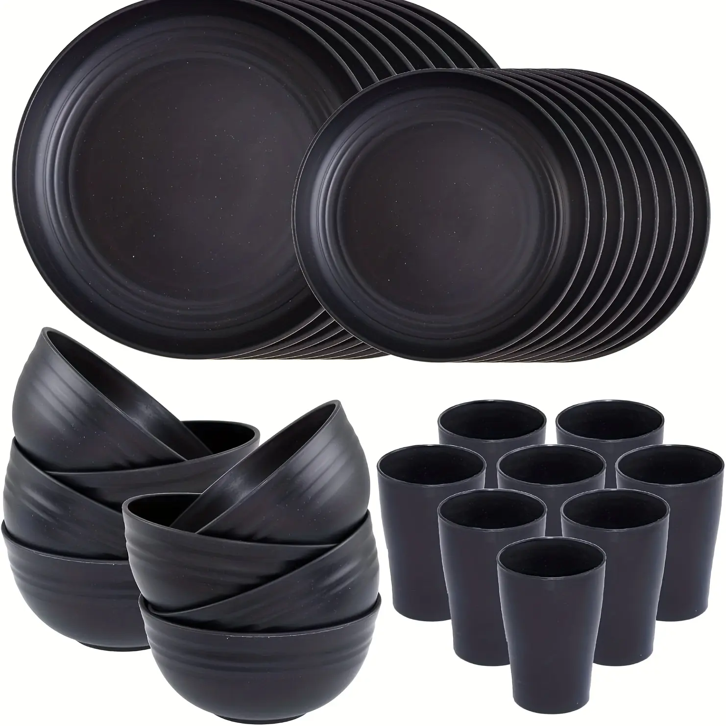 Wheat Straw Dinnerware Service Set - 32/16pcs Unbreakable Plastic Dishware for 8/4 People, Includes Plates, Dessert Plates, Cereal Bowls, Cups, Modern Party Tableware Set (Black), Modern Dinnerware Set