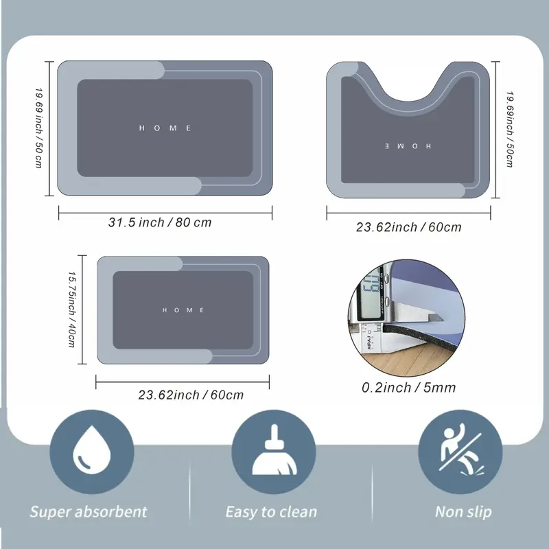 Bathroom Toilet Mat, 3-Piece Set, Quick-Drying Water-Absorbing Floor Mat, Rubber Anti-Slip Bottom Design, Suitable For Bathroom, Washbasin, Toilet, Kitchen, Living Room, Beside The Bathtub, Laundry Room, Bathroom Decoration. Bathmat