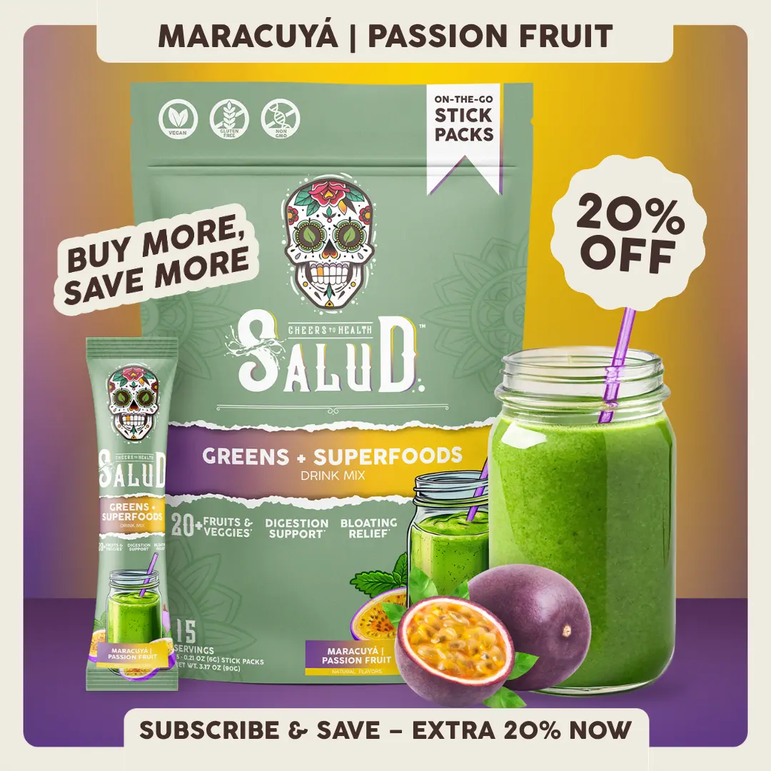 Salud 2-in-1 [Greens + Superfoods - Passion Fruit] Daily Greens Drink Mix, Agua Fresca, Gut Health & Bloating Support, Probiotics & Prebiotics, Vegan, Non-GMO, Easy-to-Drink Greens Powder (15 Servings)