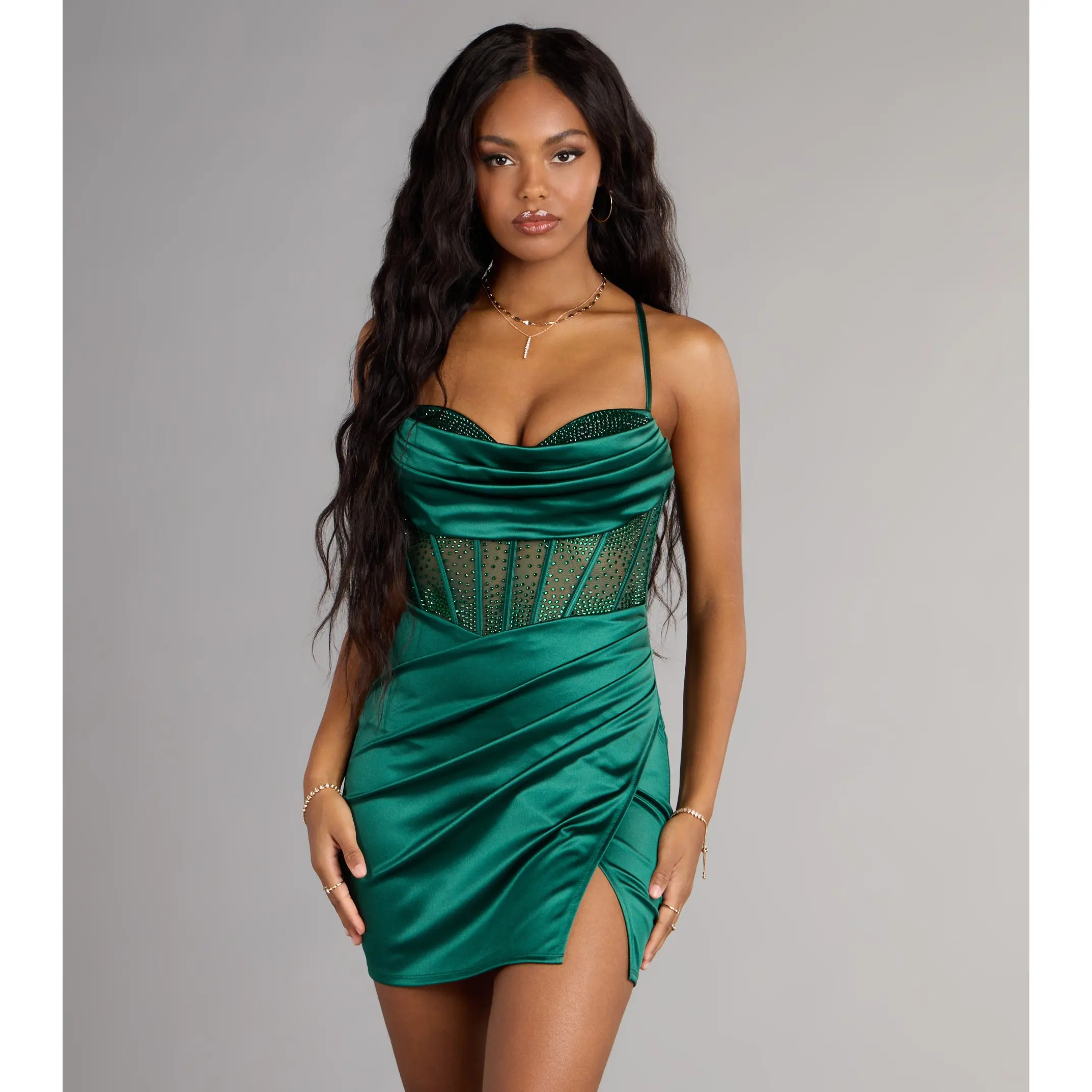 Mallory Rhinestone Satin Corset Mini Dress