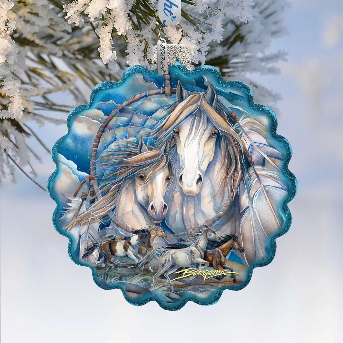 G.DeBrekht 759-637-JB 4x3 in. Holiday Horse Mustangs Dream Catcher Journey Wreath Mercury Glass Christmas Decor Ornament with Hand-Painted Painting, Satin-Lined Box, Limited Edition for Mothers, Indoor Wildlife Decor (Deep Iridescent Details)
