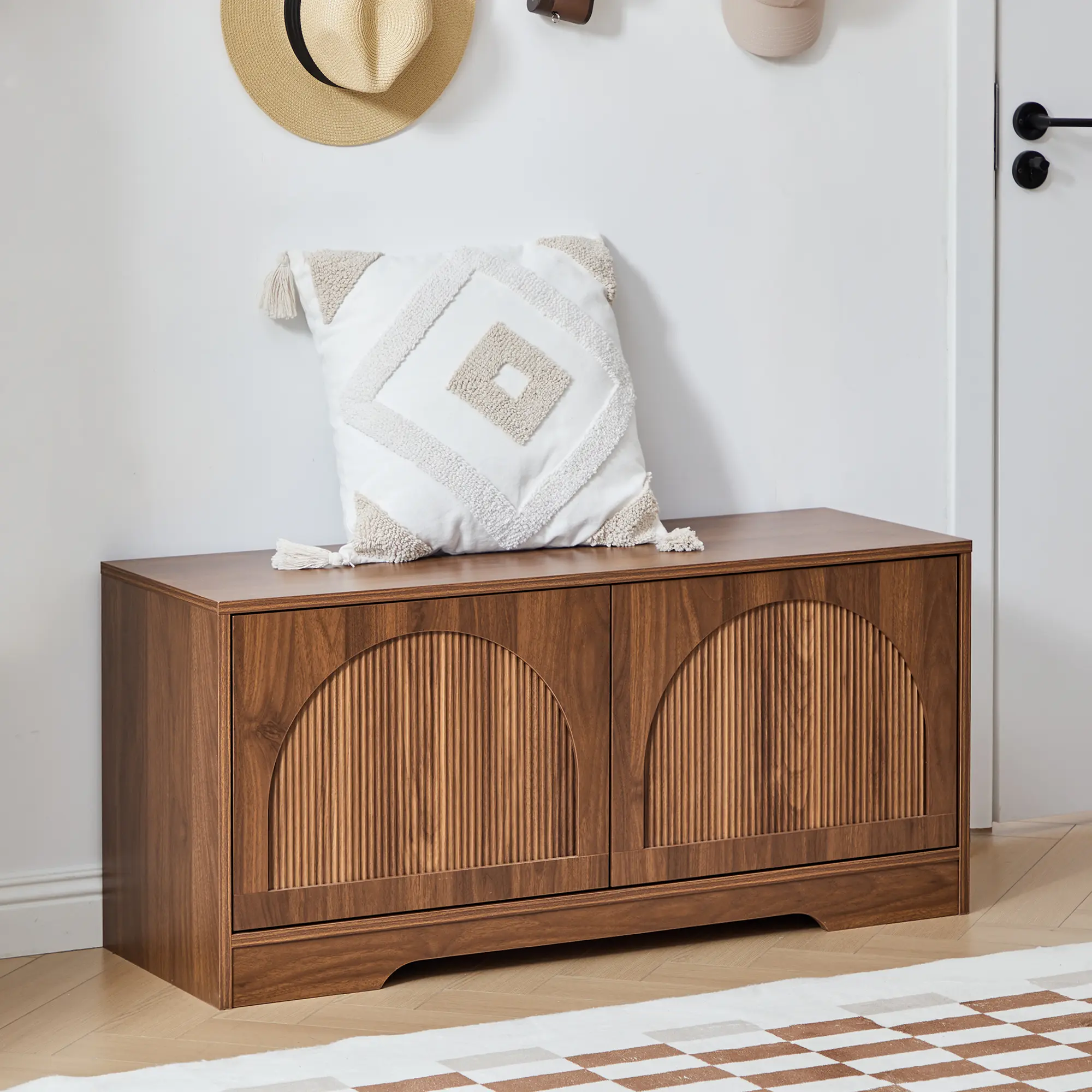 FurSch 39.4'' Arched Fluted Shoe Storage Bench for Entryway, 2-Tier Wooden Shoe Cabinet Bench with Adjustable Shelf, Entry Bench for Bedroom or Hallway