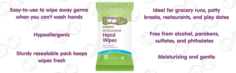 Boogie Antibacterial Hand Wipes – Alcohol-Free, Hypoallergenic with Aloe & Vitamin E (100 Wipes, 5 Packs of 20) Boogie Antibacterial Hand Wipes – Alcohol-Free, Hypoallergenic with Aloe & Vitamin E (100 Wipes, 5 Packs of 20)