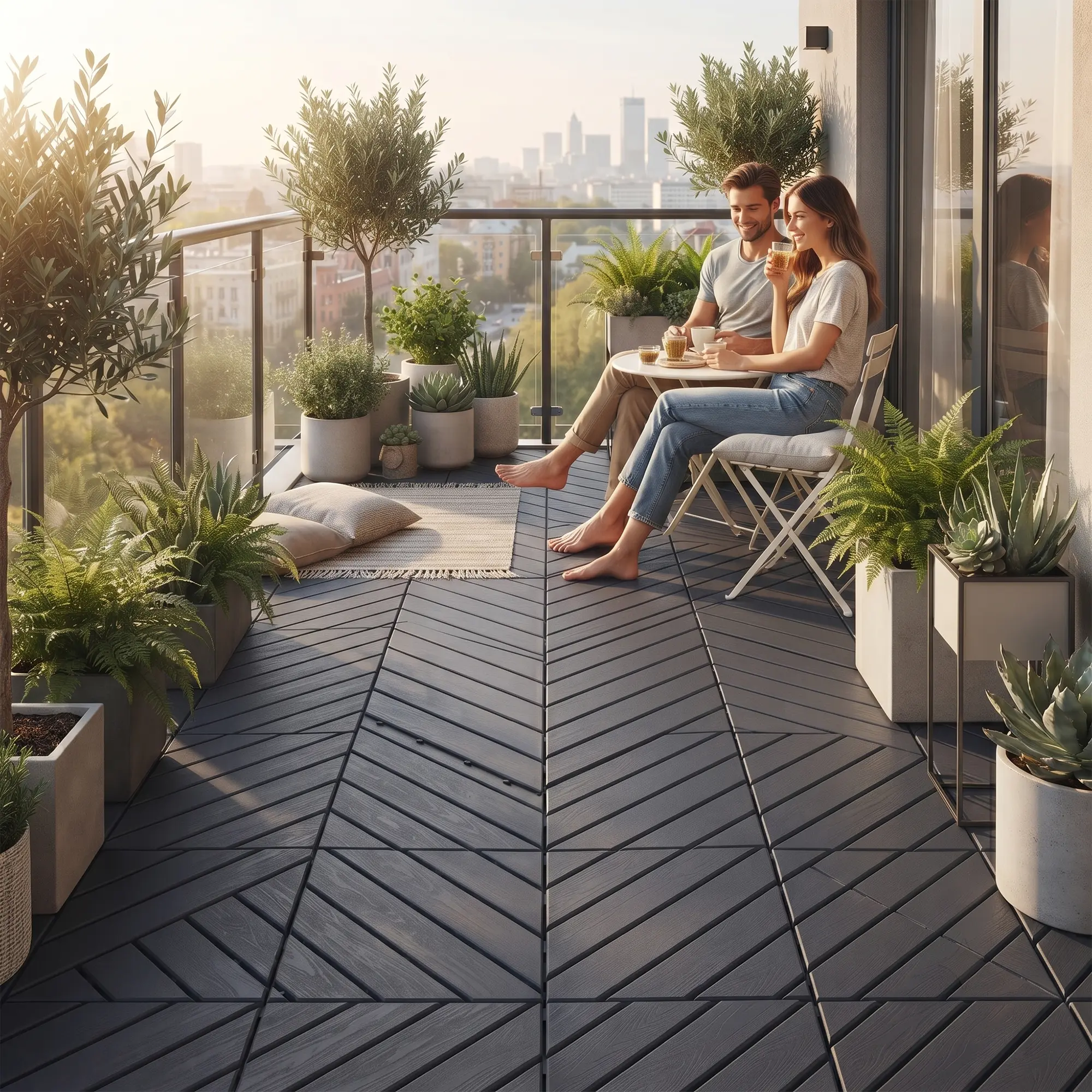 Grey Plastic Interlocking Deck Tiles, 44-Pack 12"x12" Waterproof Non-Slip Outdoor Floors, All-Weather Drainable Snap-Together Decking for Poolside, Porch, Garden
